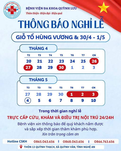 THÔNG BÁO LỊCH NGHỈ LỄ GIỖ TỔ HÙNG VƯƠNG, GIẢI PHÓNG MIỀN NAM 30/4 VÀ QUỐC TẾ LAO ĐỘNG 1/5